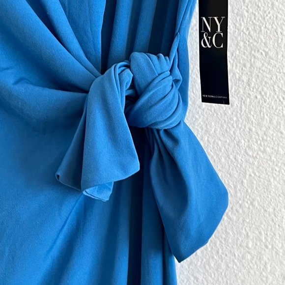 New York And Company Cap Sleeve Wrap Front Dress Fully Lined Blue Size Large - Picture 4 of 12